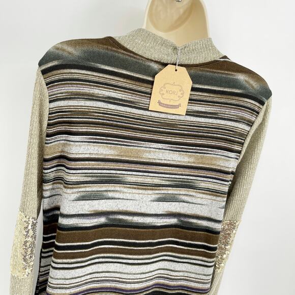Kori America NEW Sage/Mix Stripes Sequin Elbows Duster Cardigan Womens Sz S - Picture 6 of 7